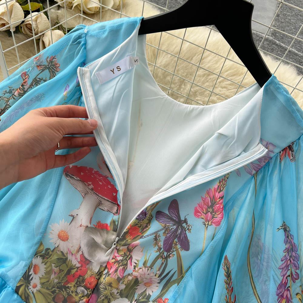 Böhmisches Vintage-Maxikleid für den Sommer, für Damen, O-Ausschnitt, Blumendruck, ausgestellte Ärmel, Chiffon, hohe Taille, lange Kleider