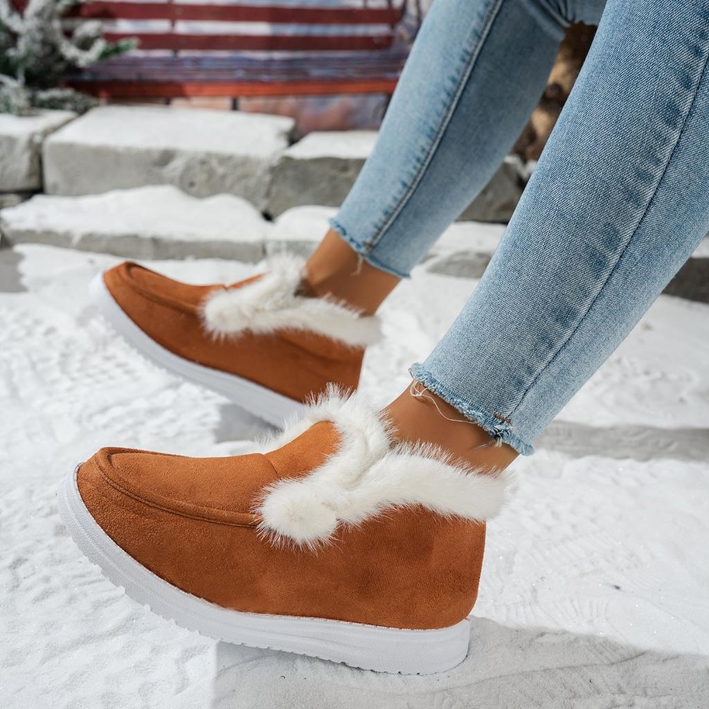 Ladies Slip on Comfortable Ankle Boots Women Winter Warm Plush Fur Snow Boots Suede Shoes