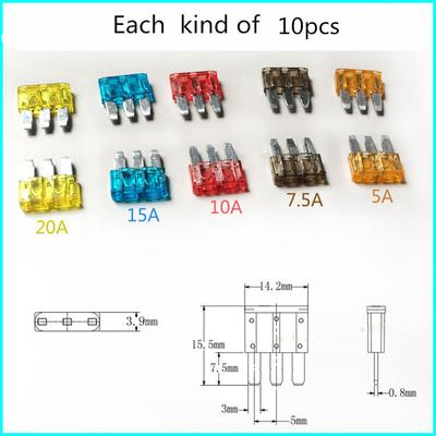 50 Stück 3-Pin Klingen-Sicherungen Sortiertes Set 5A 7,5A 10A 15A 20A Für Auto Auto LKW Boot