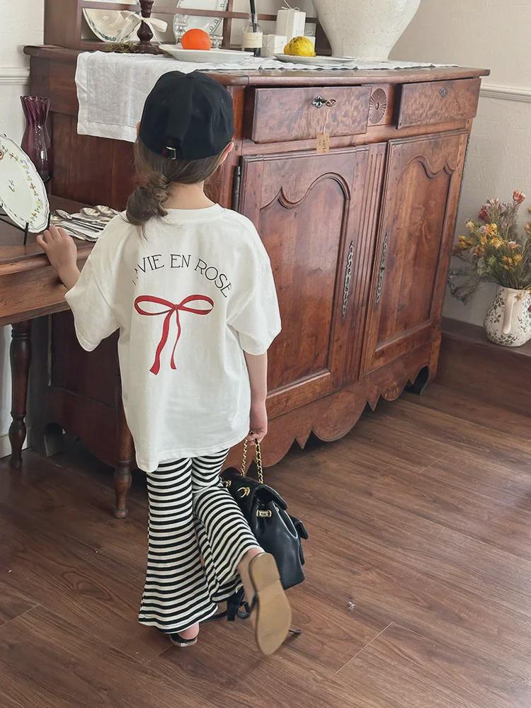 Lockeres T-Shirt-Kleid im koreanischen Stil für Mädchen mit Schleife auf der Rückseite – kurzärmlige Sommerkleidung, mittlere Größe