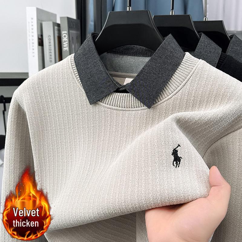 Men s Winter Two-Piece Look Sweater: Velvet-Lined, Business Casual, Middle-Aged Fashion M