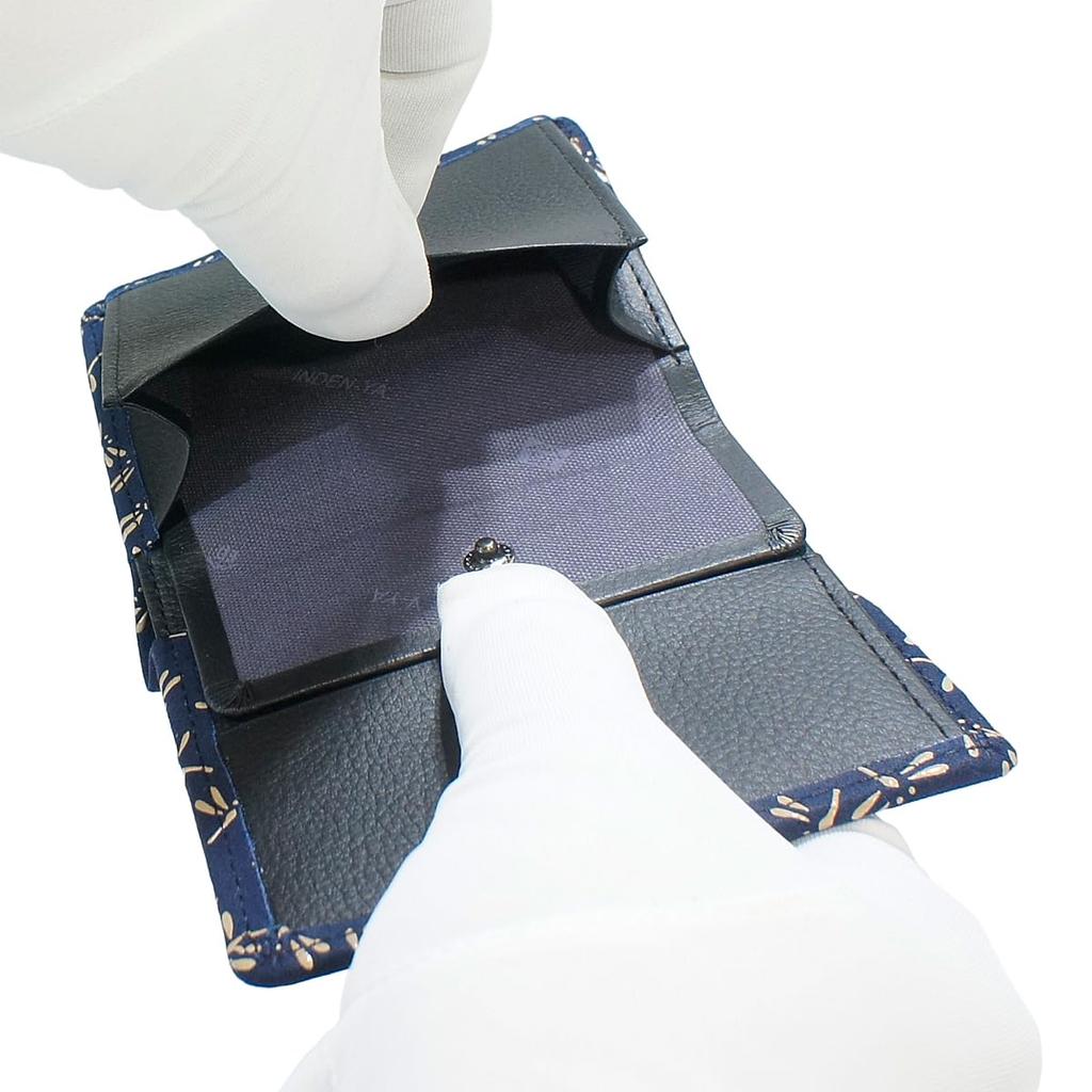 Inden Leather Billfold Navy Blue with White Dragonfly [Inden-ya] Bi-fold Wallet, Z, Thin, Compact, Deerskin, Lacquer, Pattern, 2013-14-008