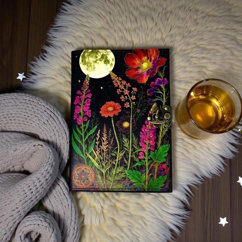 Moonlit Wildflower Leather Grimoire | Handmade Spell Book of Shadows, Vintage Deckle Paper Journal, Unique Wildflower Gift for Him and Her