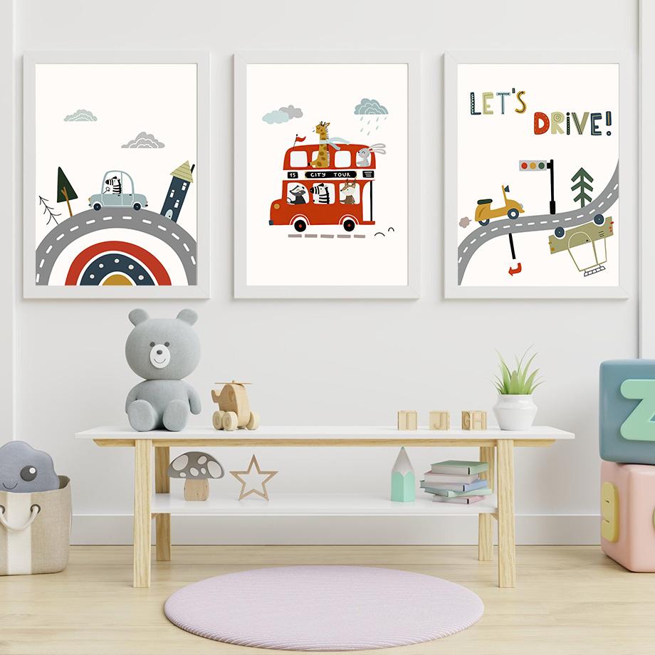 Cute Cartoon Vehicle Nursery Wall Art Poster - Cars Truck Fire Truck Prints for Kids Baby Bedroom Playroom Decor Canvas Painting