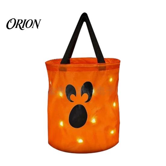Durable Fabric Pumpkin Treat Bag Glowing Candy with LED Lights, Reusable Halloween Trick or Pail Tote for Kids, Handbag Party Favors Festival Supply