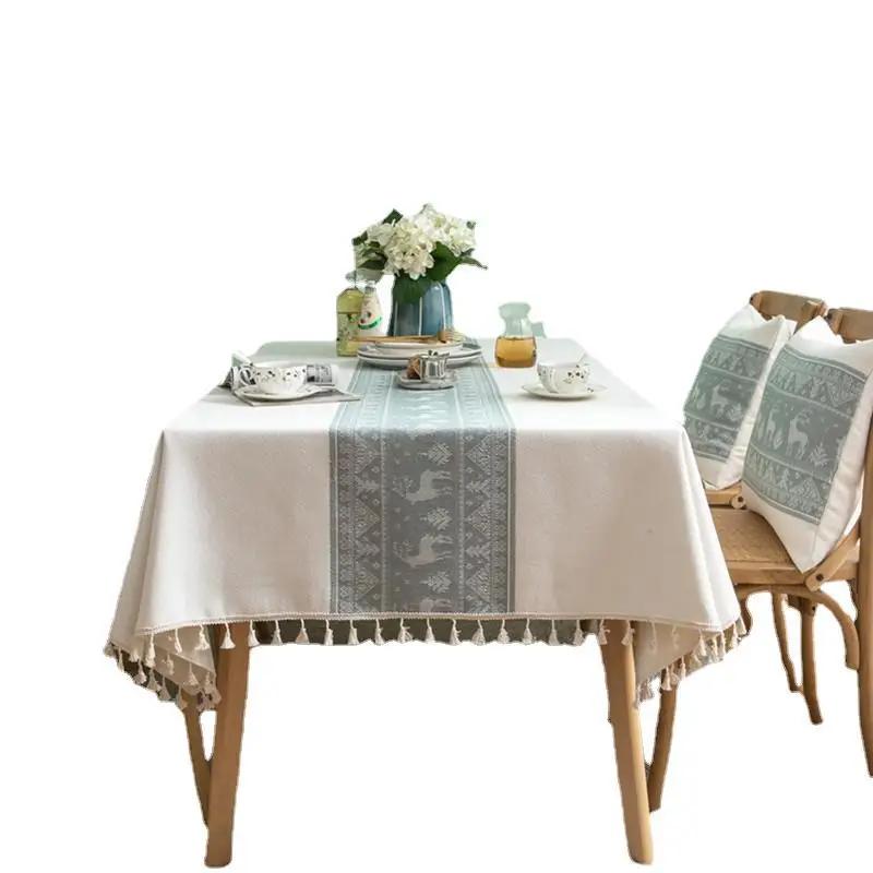 Nordic Linen Geometric Wave Pattern Embroidered Deer Tablecloth Square Multifunctional Cover Cloth