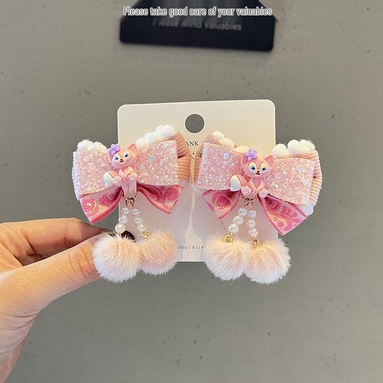 Red New Year Pearl Tassel Pompon Hair Clips for Children - Hanfu Style