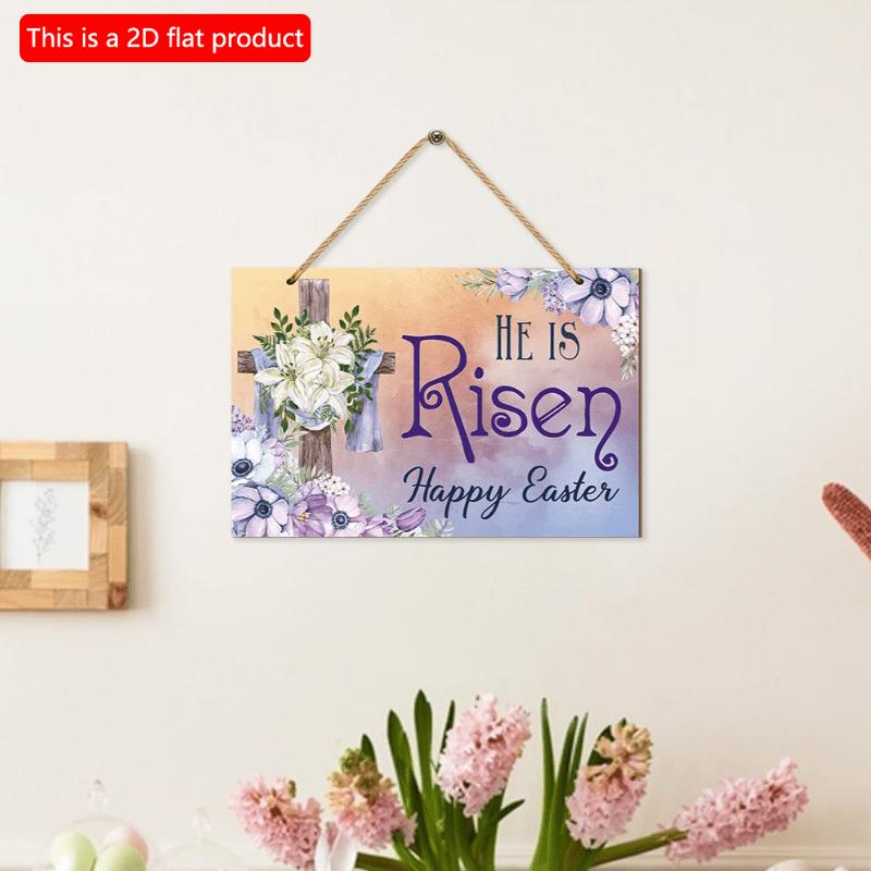 2d Flat 28*18.5cm, Easter Home Decoration, "He Resurrected", Creative Decorative Board with Wooden Cross Logo, for Home, Garden, Club Decor.