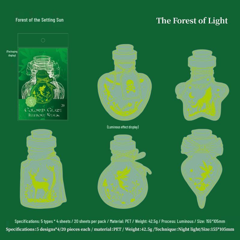 

Mu Ran Glow-in-the-Dark Glass Fantasy Sticker Pack - PET Journal Collage Material, 4 Designs.