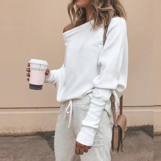 Sexy Women Solid Color Off Shoulder Long Sleeve Sweater Loose Knitted Pullover