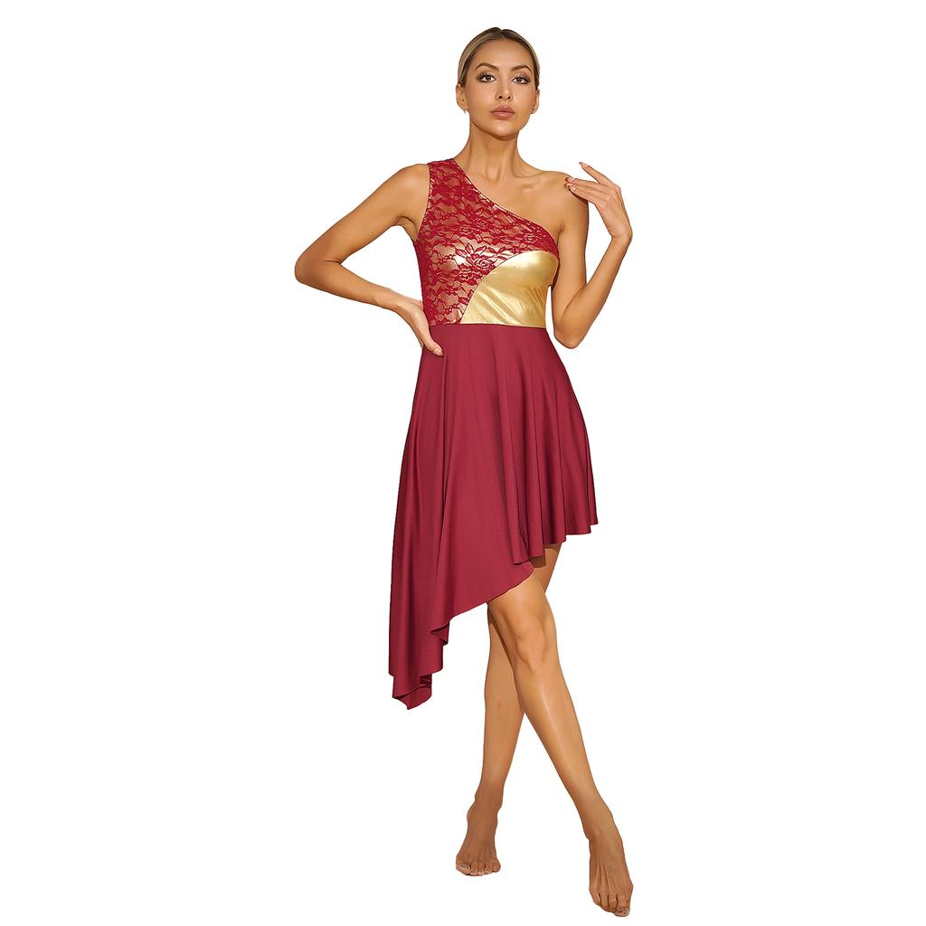 Modern Church Performance Dress for Women S-XXL: Unique One Shoulder Lace Patchwork with Dramatic Asymmetrical Hem