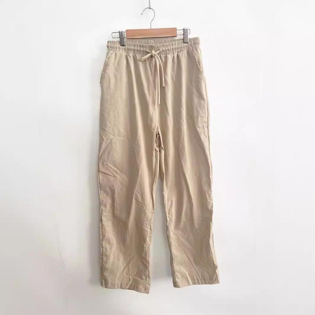 IHUASU Ladies Cotton Linen Pocket Elastic Casual Pants for Women