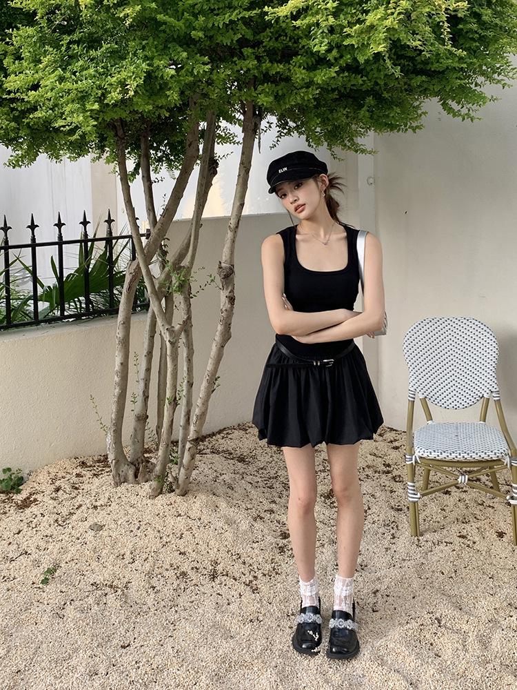 2026 Spring/Summer Women's High Waist Fluffy Short Skirt Patchwork Knit Vest Dress