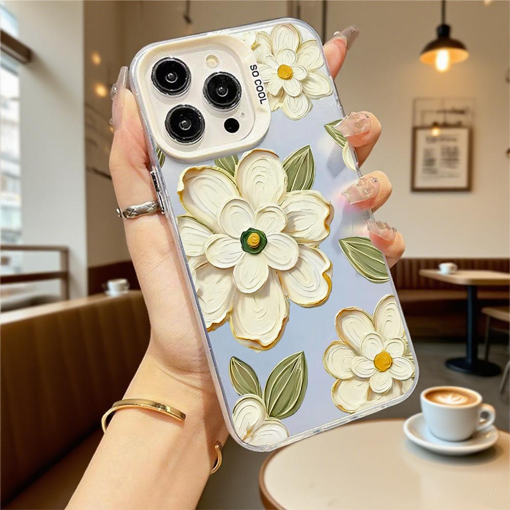Textured White Flowers Shockproof Phone Case for Iphone 16 15 14 13 12 11 Pro Max/Mini Anti-Scratch Premium Hard Cover