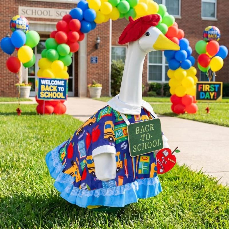 Porch Display Clothes for School Season, Polyester Dress Outfit with Red Cap, Sign and Fruit Charm for Garden Entry Placement, Figure Not Included