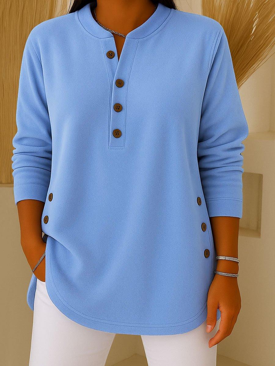 Women Light Blue Notched Neck Button Detail Long Sleeve Top Casual Loose Fit Blouse S светло-синий