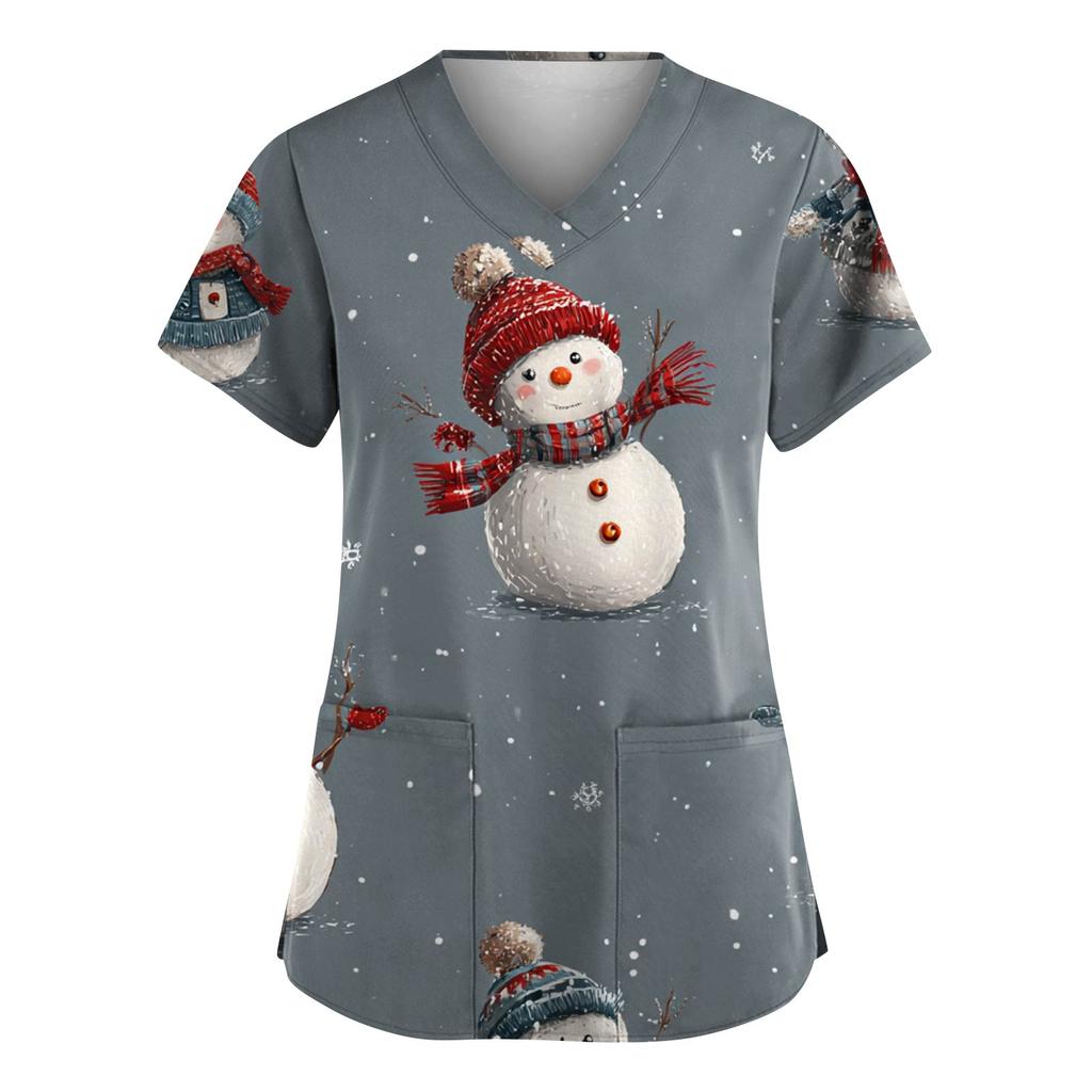 Women's Fashion V-Neck Short-Sleeved Workwear With Pockets Christmas Print Top Caregiver Uniform