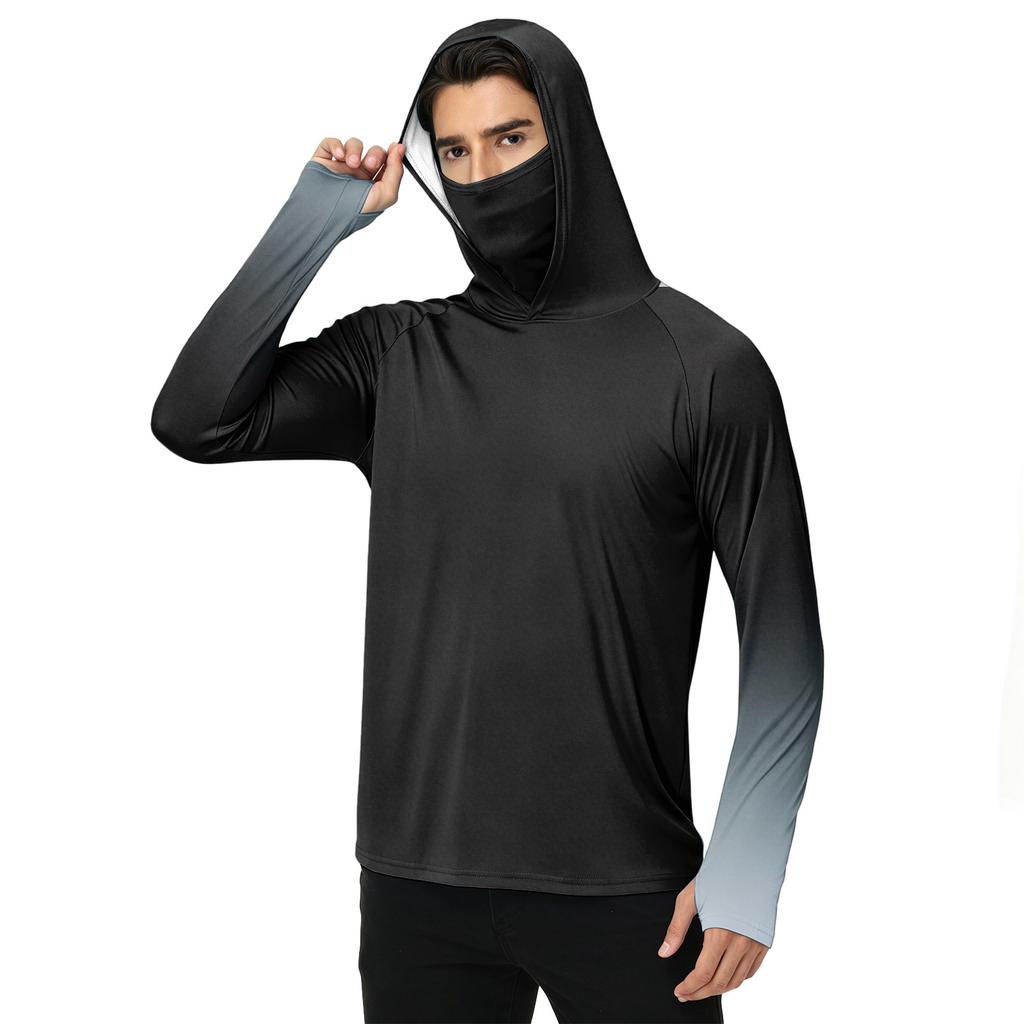 Men's Outdoor Casual Gradient Print Hooded Long Sleeve Sun Protection Shirt Lightweight Breathable Quick Dry Sports Top