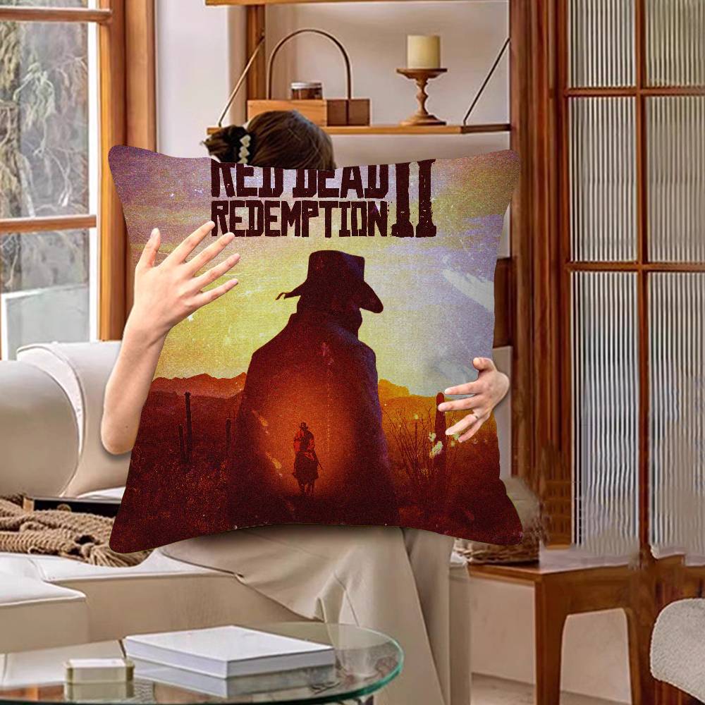 Funda de Almohada para TV de Juego Red-Dead-Redemption 2 Dibujos Animados Decorativa para Sofá del Hogar Impresión a Doble Cara Felpa Corta Funda de Cojín Linda