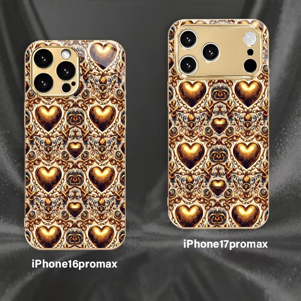 Gold Heart Pattern Prin fashion phone cases phone case fundas carcasa Glass Phone Case for iPhone 17 16 15 14 13 12pm Pro Plus