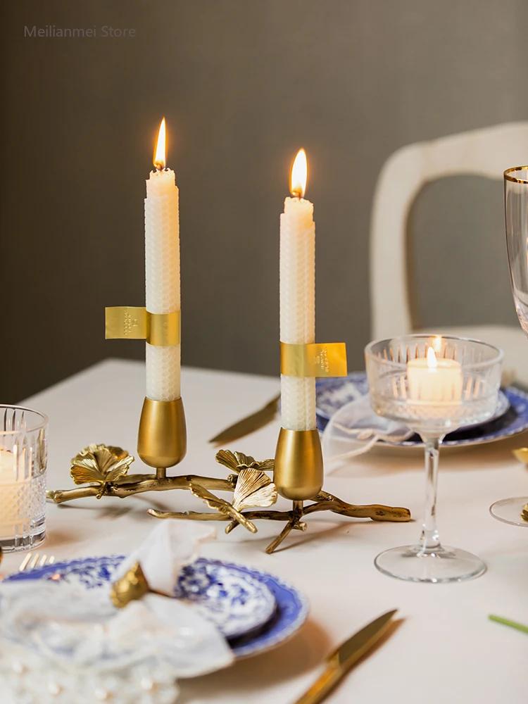 Złoty metalowy mosiężny świecznik, liście miłorzębu, styl europejski, starożytne rzemiosło na biurko, świeczniki do dekoracji domu