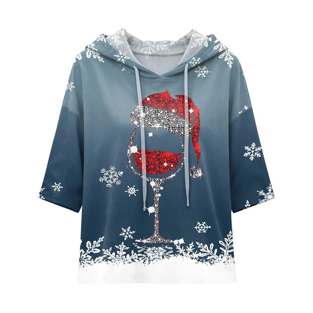 Women's Casual 3/4 Sleeve Hooded Christmas T-Shirt for Holiday Parties and Everyday Wear