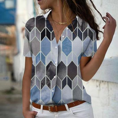 2025 Sommer Neue Mode Damen Geometrisch Bedruckt Kurzarm V-Ausschnitt Lässig Durchgeknöpftes Hemd Top