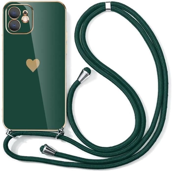 Coque avec bandoulière - iphone 12 - vert nuit - souple tpu - antichoc - motif coeur