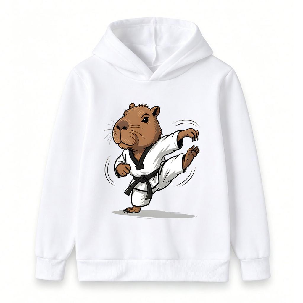 Kids Boys Girls Casual Pullover Hoodie, Funny Capybara Taekwondo Black Belt Karate Kick Cartoon Print Soft Hooded Sweatshirt for Children Daily Wear