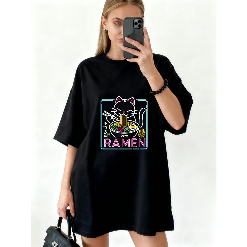 Übergroßes T-Shirt Schwarze Katze isst Ramen Mit Neon-Design Für Freizeitkleidung
