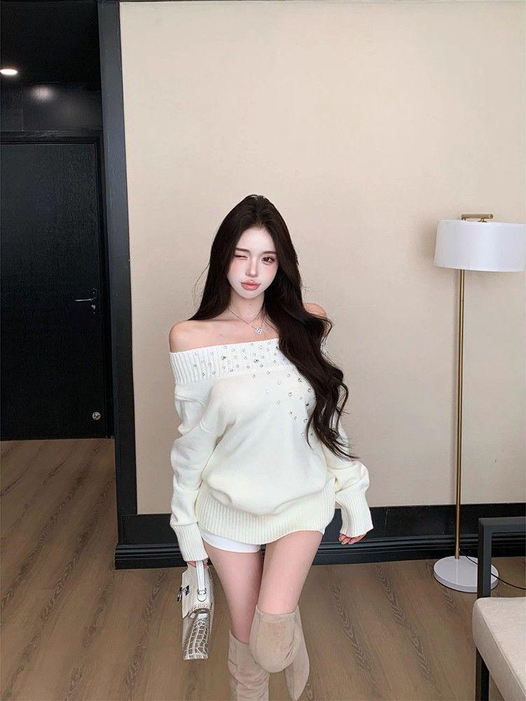 One-Shoulder Rhinestone Long Sleeve Pullover Sweater: Women's Autumn Winter Loose Knitwear in Pure White