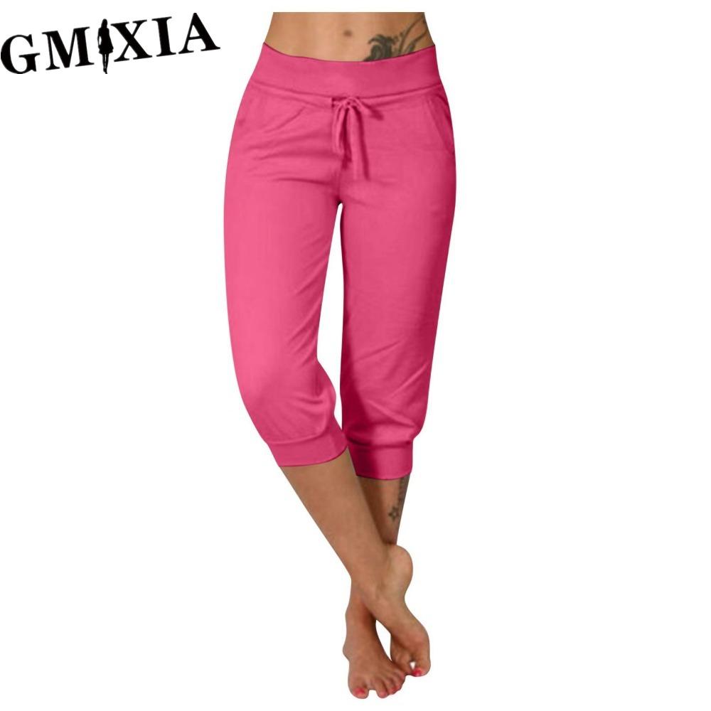 

GMXIA 10 Кольори Жіночі Модні Повсякденні Однотонні Штани та Капрі M рожевий червоний колір