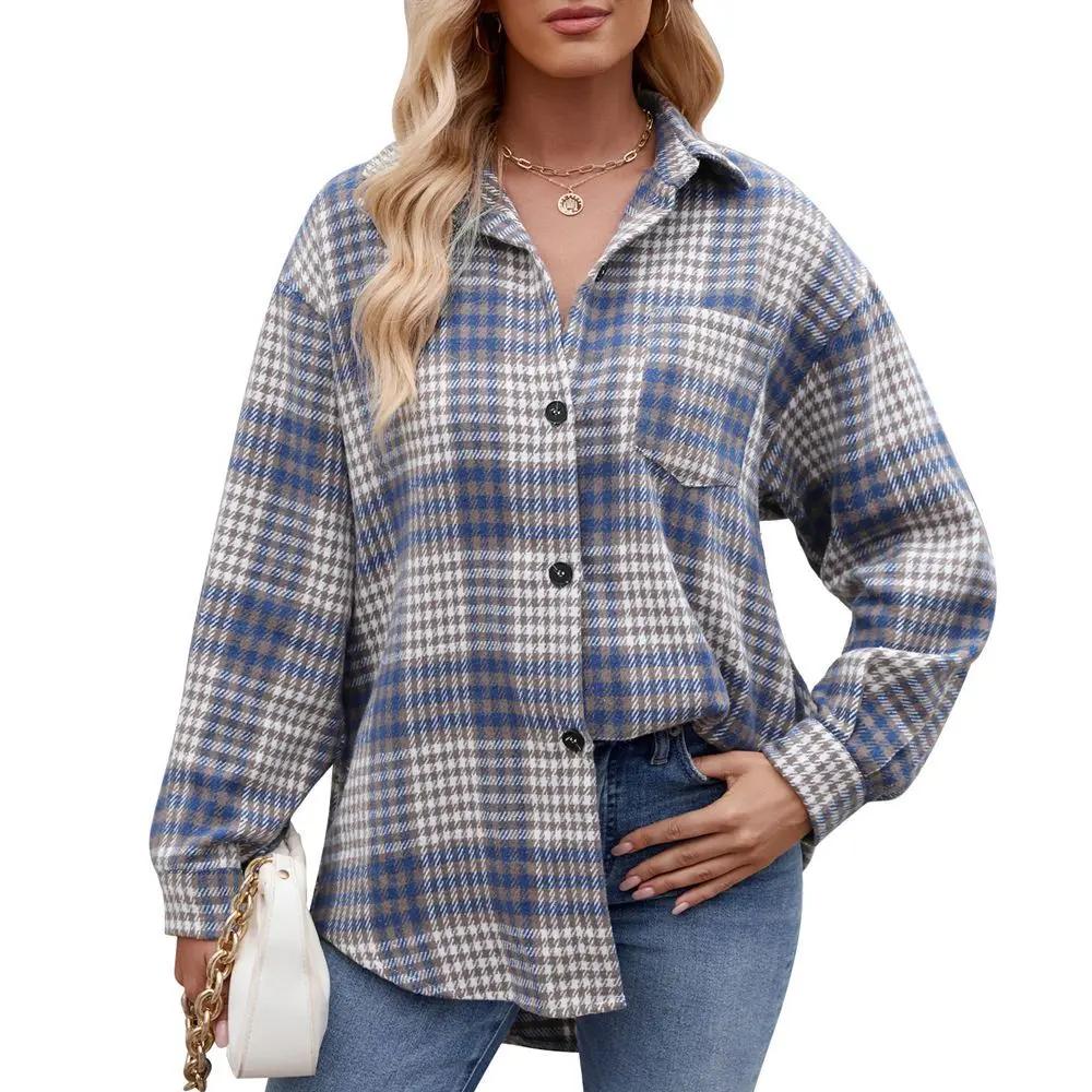 

Plaid Button Flannel Woolen Single-breasted Shirt Autumn and Winter Women s Loose Contrasting Lapel Houndstooth S