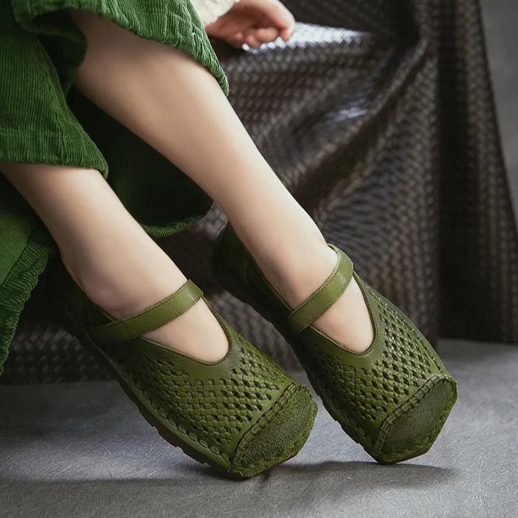 Johnature Genuine Leather Retro Hollow-out Breathable Flat Sandals Square Toe Comfortable Women's Shoes