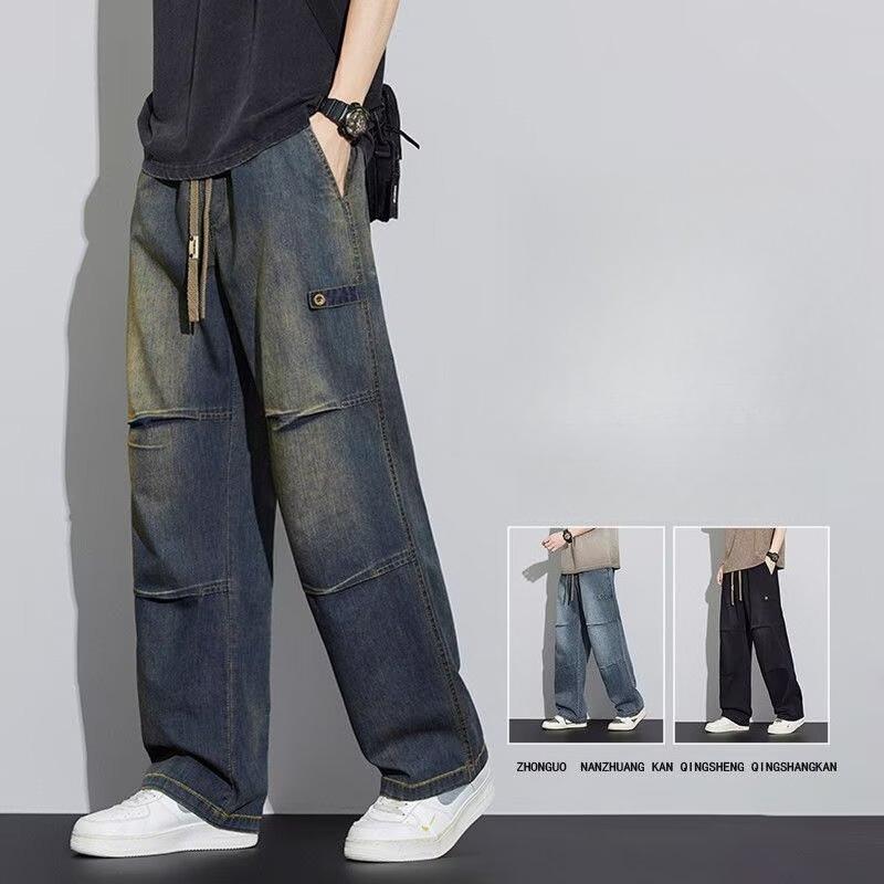 Men's Cargo Jeans Spring Summer Wide Leg Denim Pants Straight Baggy Jeans Asian Size