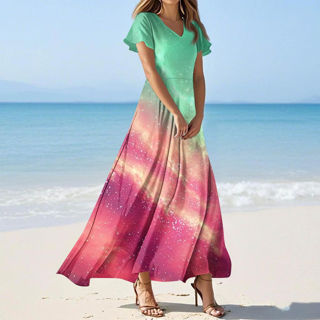 Women's Summer Casual Fashion -Print V-Neck Short-Sleeve Patchwork Dress
