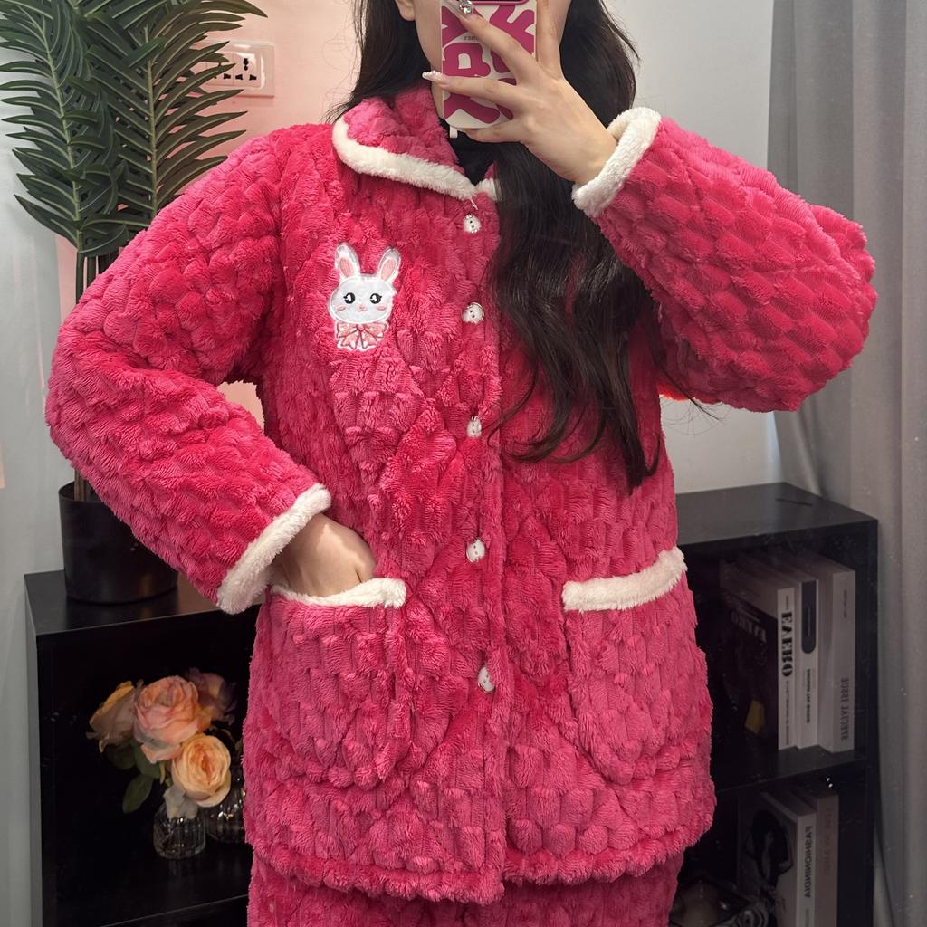 Pajamas Women's Winter Three-layer Thickened Padded Jacket Coral Fleece Lapel Super Warm Can Be Worn Outside Loungewear