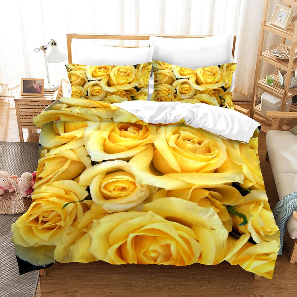3pcs Bedding Set Beautiful Flowers Print Duvet Cover Set Single Double King Size Bed Set for Adult Home Bedroom with Pillow Case