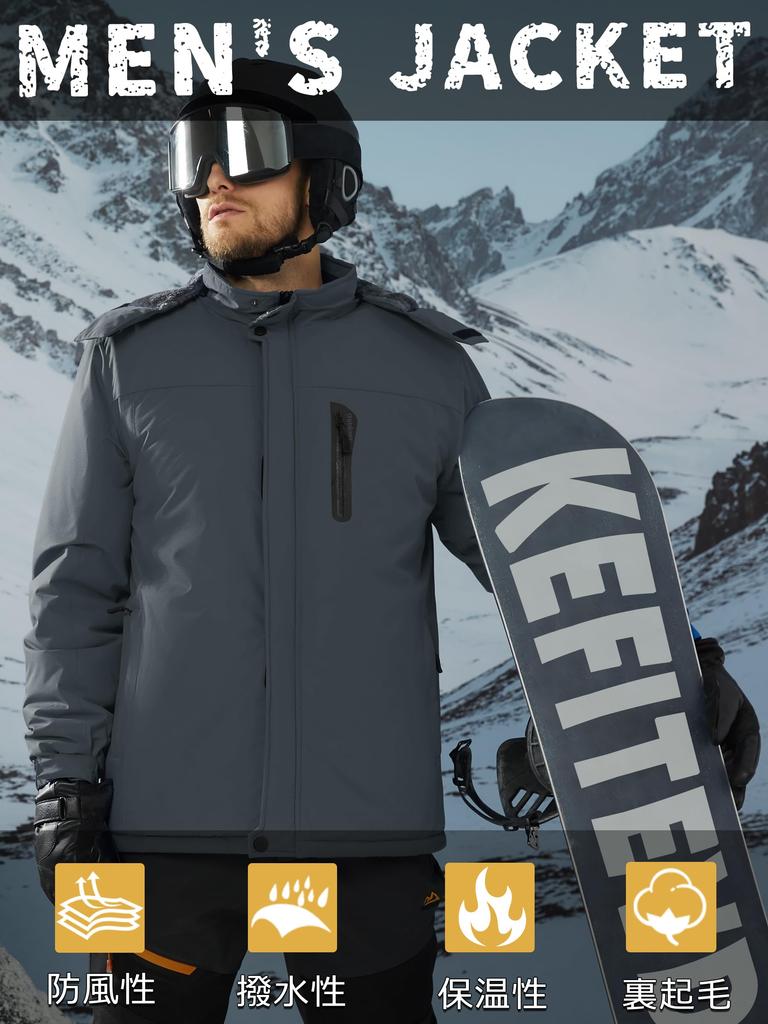KEFITEVD Men's Winter Tactical Jacket, Waterproof, Windproof, Windbreaker for Fishing, Hiking, Camping, Trekking, Gray, Size L