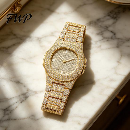 Sparkling Rhinestone Watch Quartz with Full Diamond Bezel And Dial High Eye-catching Wristwatch Accuracy Trendy Hip-Hop Style for Daily Party