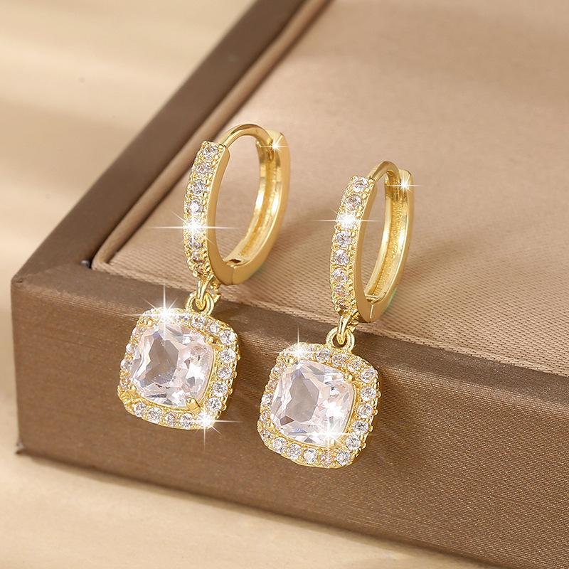 Luxury Square Micro Paved Zircon Earrings Women Elegant Versatile Commuter Hoops Fashionable Dangle Earrings Jewelry