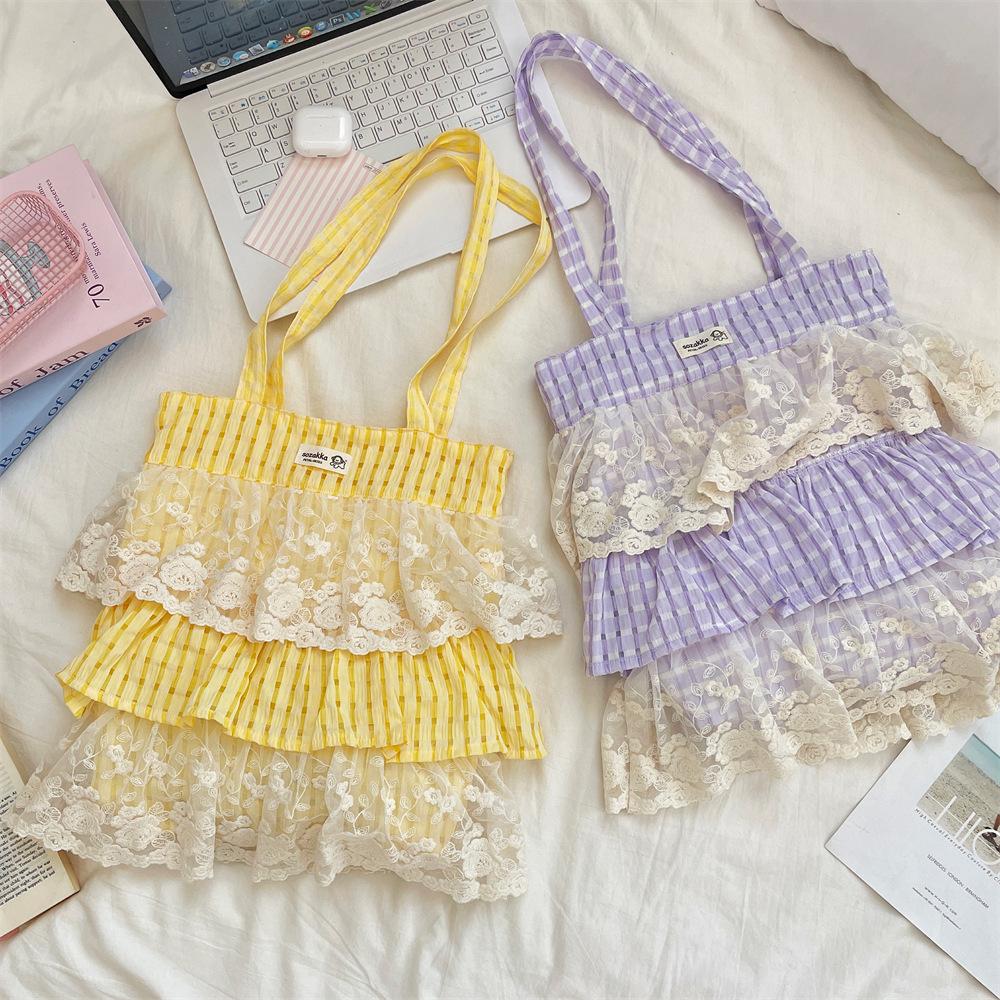 New popular plaid color matching lace single shoulder underarm bag large capacity tote bag portable cloth bag