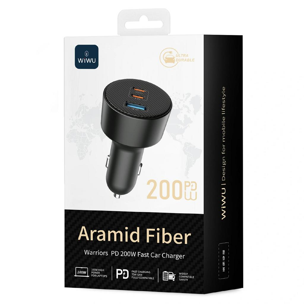 WIWU Wi-CC026 PD 200W Fast Charging Adapter for Vehicle USB A + Dual Type C 3 Ports Car Charger