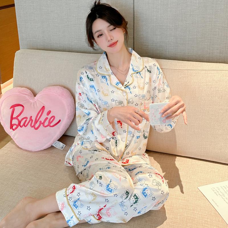 Autumn Dopamine Full Print Ice Silk Pajamas Women'S Spring And Summer Long-Sleeved Trousers Cartoon Loungewear Can Be Worn Outside