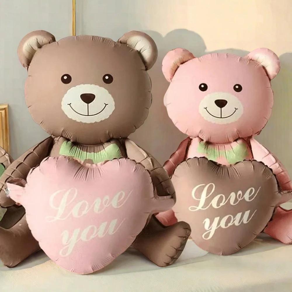 3D Matte Standing Bear Foil Balloons Bear Hold Heart Wedding Birthday Party Decoration Balloons Gifts Supplies