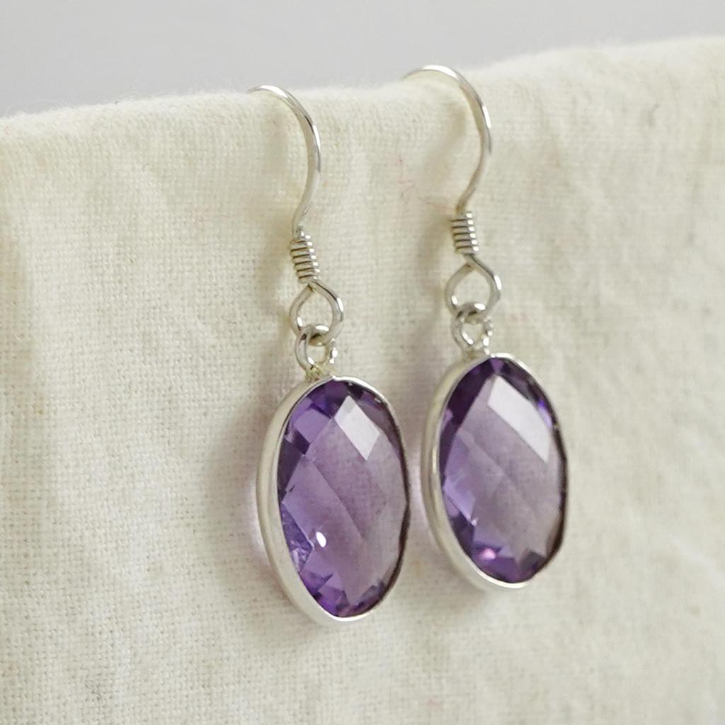 Natural Amethyst Earrings, Handmade Earrings, 925 Sterling Silver Oval Checker Amethyst Earring, Present for Her, February Birthstone