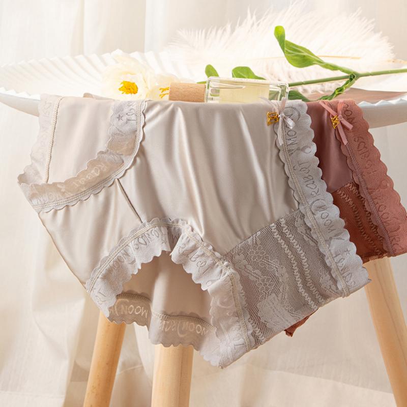 Nahtlose Damen-Slips aus Satin mit mittlerer Taille, Spitzen-Schleifenhöschen, niedliche Unterwäsche