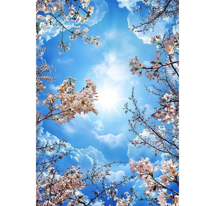 Romantic Blue Sky White Clouds Cherry Blossoms Photo Wallpaper 3d Ceiling Mural Living Room Theme Hotel Wallpaper
