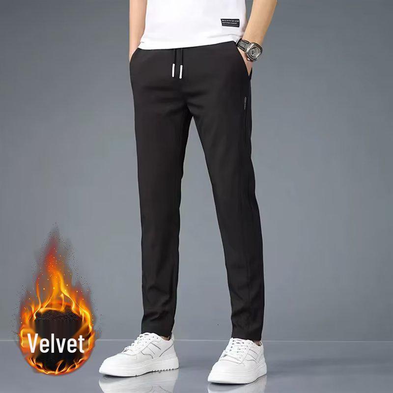 Black Label Plus Men's Slim Fit Fleece Pants - Autumn/Winter Korean Style Large Size Straight Business Casual Trousers