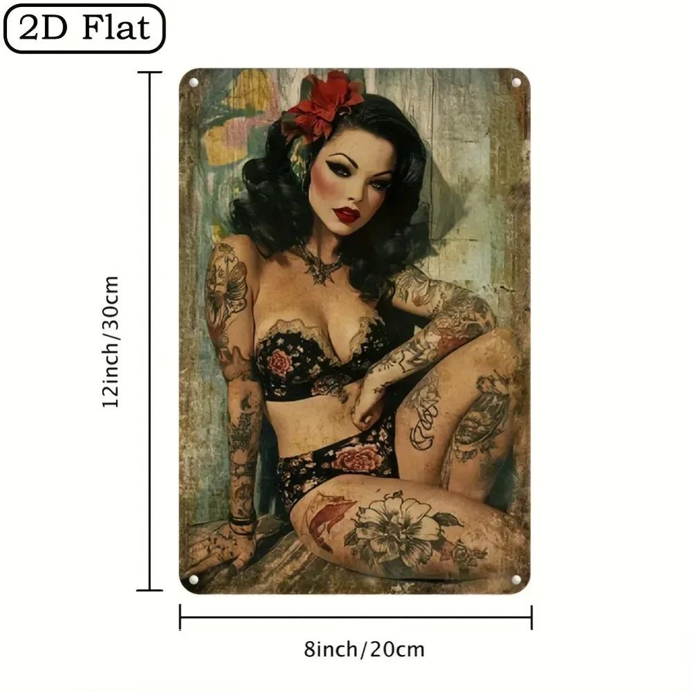 Vintage Floral Lingerie with Red Lipstick Accents  FeatherLight Retro Metal Decor Features EasyHang Design
